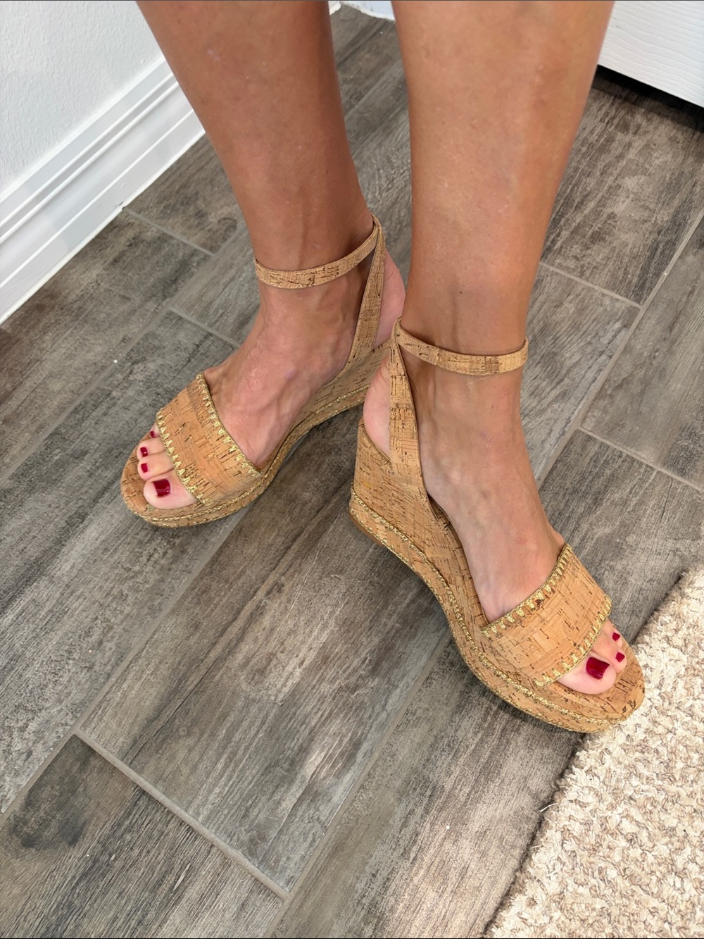 Jack Rogers Flagler Stitch Cork Wedge Sandals with Ankle Strap - Natural
